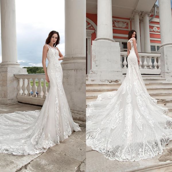 

2020 fashion wedding dresses jewel lace appliques mermaid bridal gowns hollow back sweep train beach wedding dress robe de mariee, White