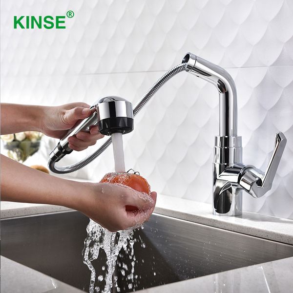 

kinse modern shining chrome pull out water faucet single hole brass kitchen faucet with sprayer