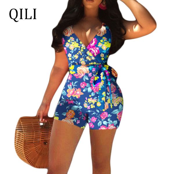 

qili floral print women rompers fashion casual with belted sleeveless short style jumpsuit rompers womens overall new, Black;white