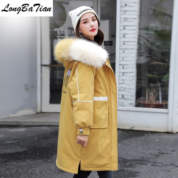 

winter long thick warm parkas women snow wear large fur jacket female yellow jackets and coats, Black