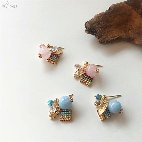 

aomu korean sweet color crystal zircon tassel bead metal statement stud earrings for women gift party wedding jewelry bijoux, Golden;silver