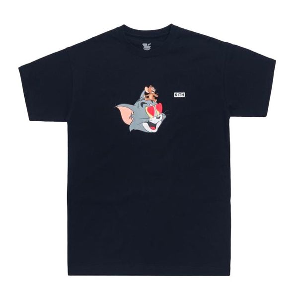 

19ss kith x tom jerry heart tee милый мультфильм кошка и мышь печатные мужчины женщины футболка с коротким рукавом уличный скейтборд летняя, White;black