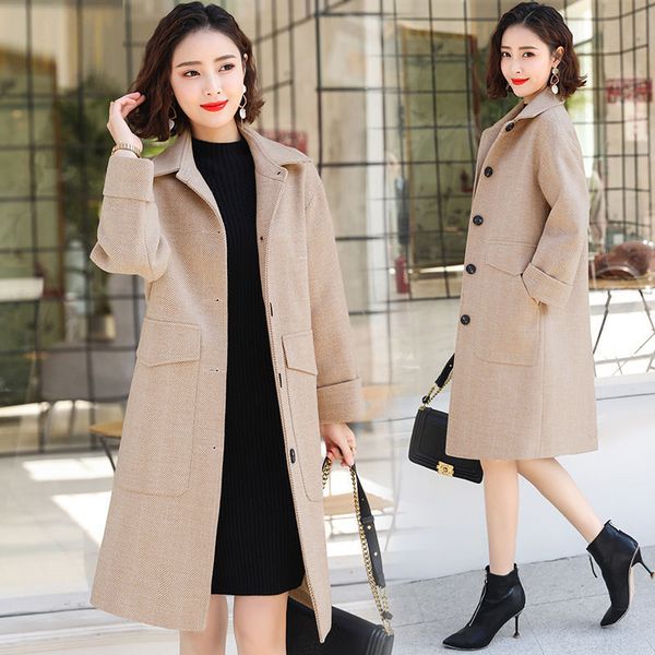 

winter korean overcoat women 2019 fashion elegant wool blends coat office lady formal long sleeve long overcoat plus size, Black