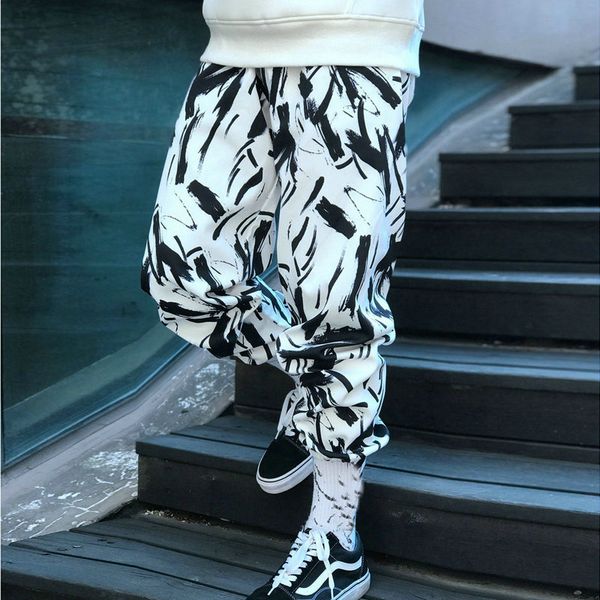 

2019 fashionable men's jogger trousers male pants hip hop sportswear cotton casual fitness print men sweatpants pencil pants, Black