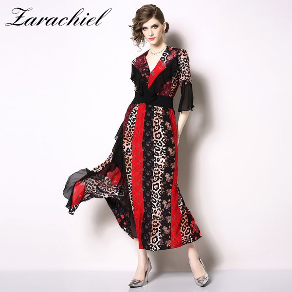 

v-neck flare sleeve bohemian chiffon dress 2019 summer women vintage leopard print irregular split ruffles long dress, Black;gray