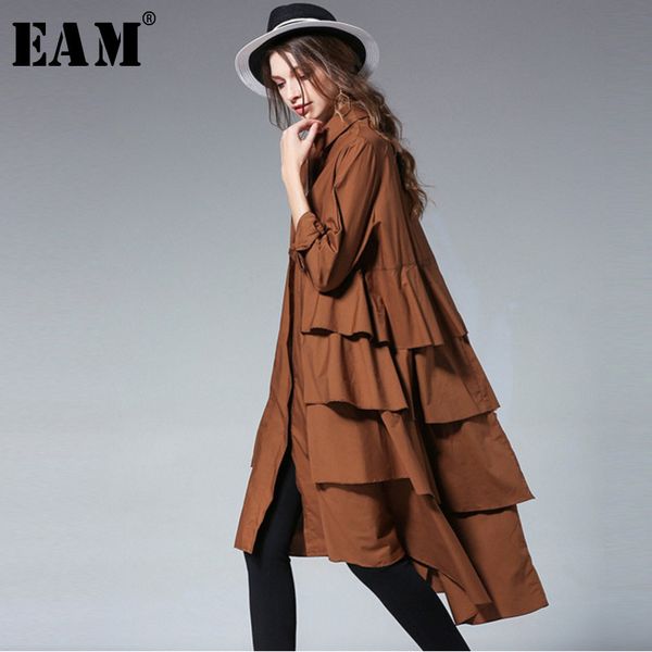 

eam] 2020 new spring lapel long sleeve black layers irregular hem ruffles split joint loose big size dress women tide s01101xl, Black;gray