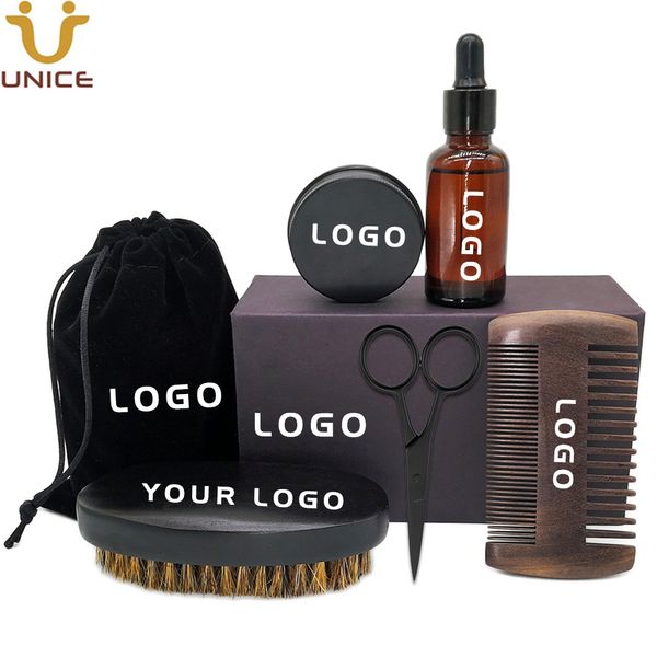 MOQ 100 pezzi 7 in 1 kit barba OEM spazzola per capelli facciale pettine in legno cera olio forbici LOGO personalizzato Premium Amazon's Choice tutto NERO