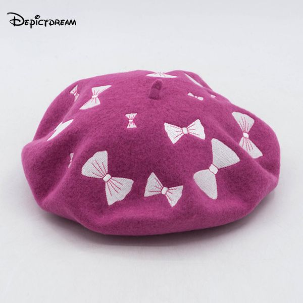 

2020 fashion popular bow knot embroidery warm wool winter autumn women beret hat cap for sweet girl gift painter hats, Blue;gray