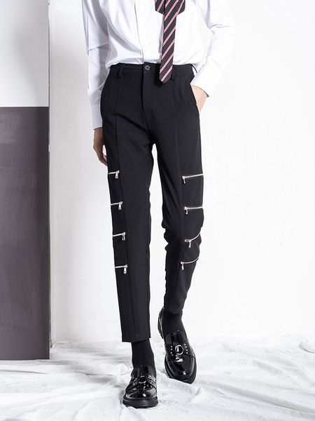 

autumn winter small feet nine points drop feeling small trousers male zipper decoration slim solid color pants. s-6xl, Black