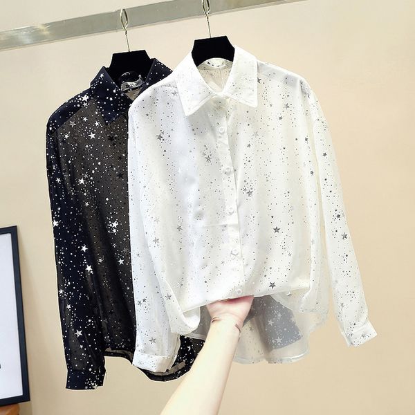 

loose shiny stars chiffon shirt ladies blouse 2020 new turn-down collar black long sleeve sunscreen shirts korean, White