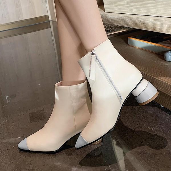 

beige leather women short boots pointed toe autumn ankle booties chunky high heels botines femmes black botas mujer shoes