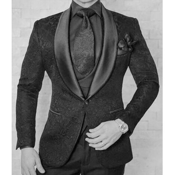 

black mens wedding tuxedos 3 pieces floral pattern groom wear business double breasted slim fit men blazer (jacket+pants+vest), Black;gray