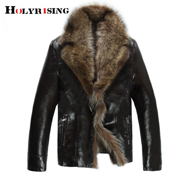 

men real animal fur collar scorpion hair men's pu coat men's thick leather coat lining is warm suitable for -30 degrees russia, Black