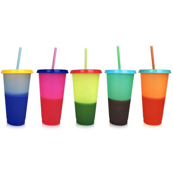 Tazze di colore di cambiamento di temperatura di plastica Bottiglie d'acqua cambianti di colore dell'acqua fredda variopinta della tazza di caffè con cannucce 50pcs LJJO7994