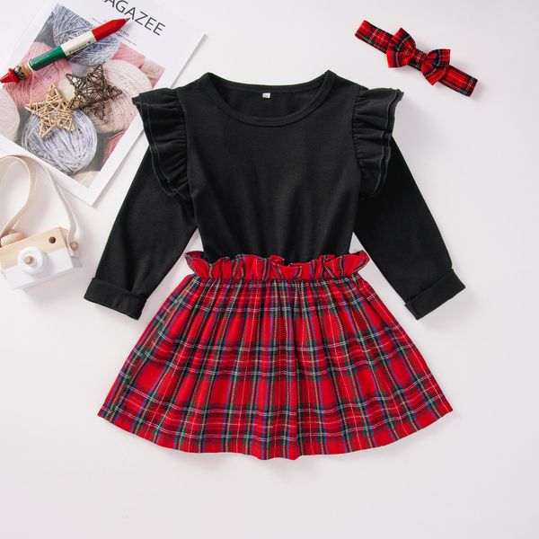 

toddler newborn baby girls christmas dress outfit long sleeve black cotton splice red plaid bow dress, Red;yellow