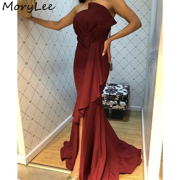 

burgundy evening dresses strapless a-line side slit floor length silk satin pleated evening dresses vestidos de fiesta de noche, White;black
