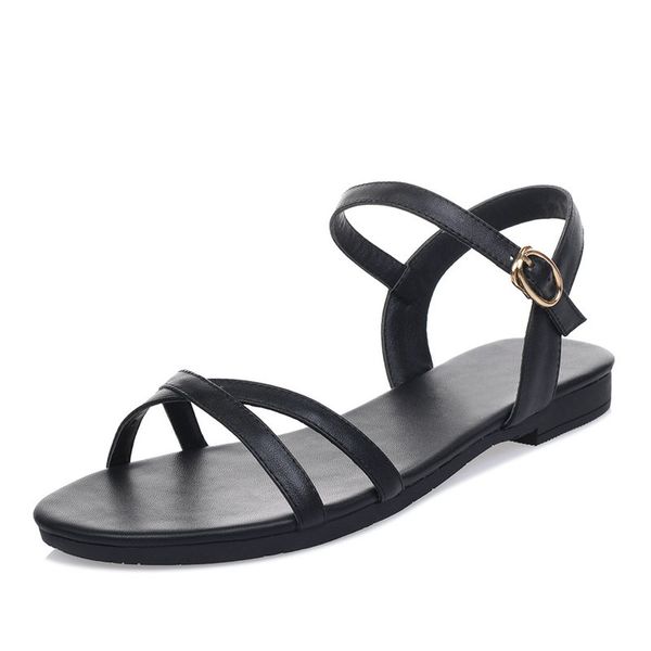 

size 33-46 2019 new arrive women sandals simple buckle summer shoes genuine leather ladies comfortable flat sandals, Black