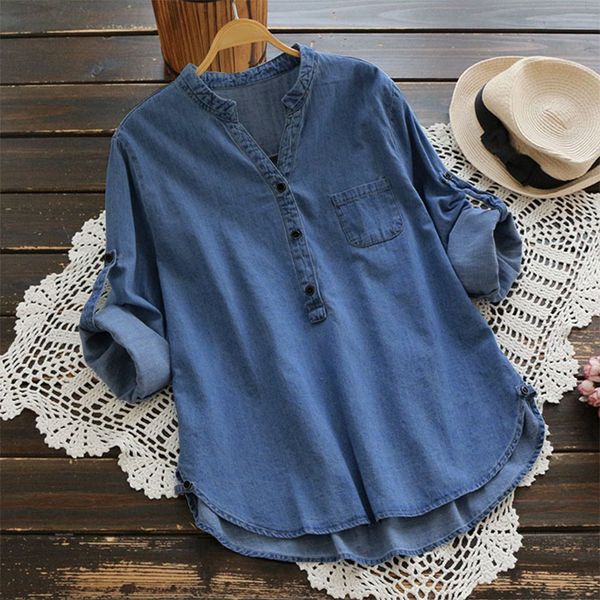 

women clothing blouse women size plus women blouse 2019 autumn denim blue blusas femininas loose shirt buttons ladies denim top, White