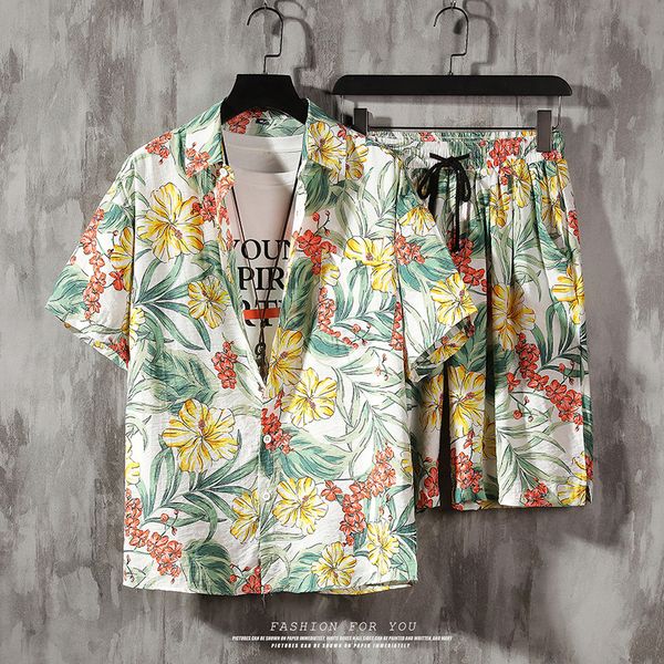 

floral print beach mens 2pcs summer loose cool breathable shorts sets casual vacation two piece pants, Gray
