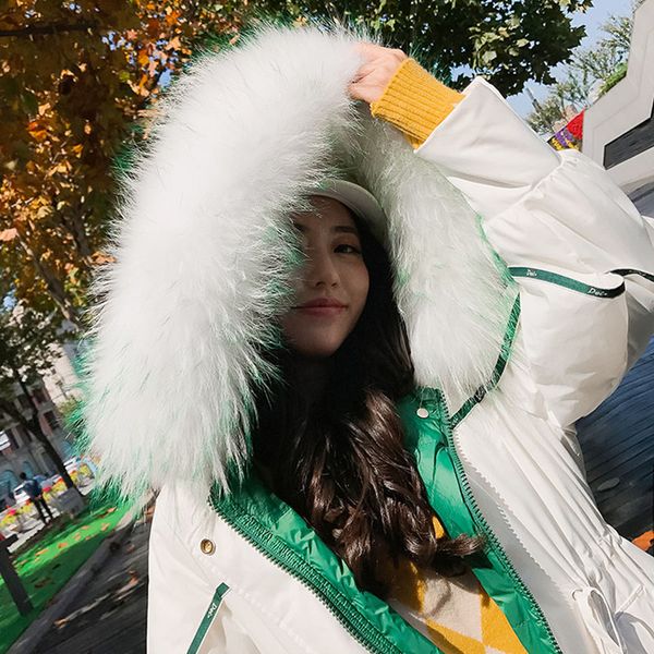 

white duck down hooded rael fur collar winter down coat jacket long warm women casaco feminino abrigos mujer invierno parkas y18, Black