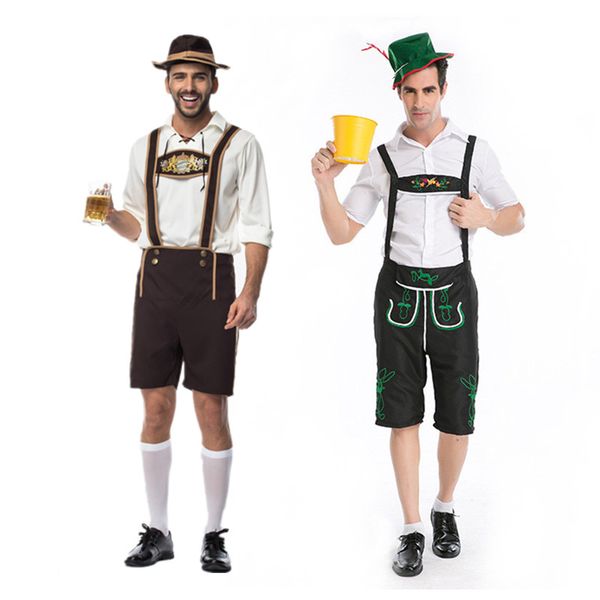

мужская баварский ледерхозен пиво костюм октоберфест карнавал партия одежда топ + подтяжки брюки + шляпа, Black;red