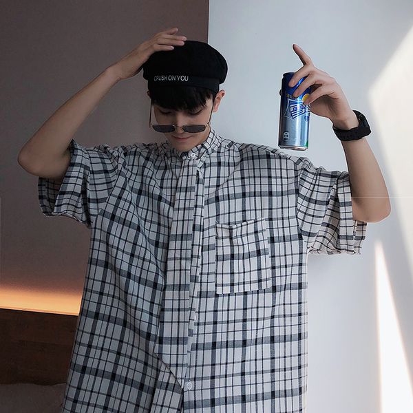 

summer new plaid shirt men fashion retro casual shirt man streetwear trend wild loose five-point sleeve male clothes, White;black