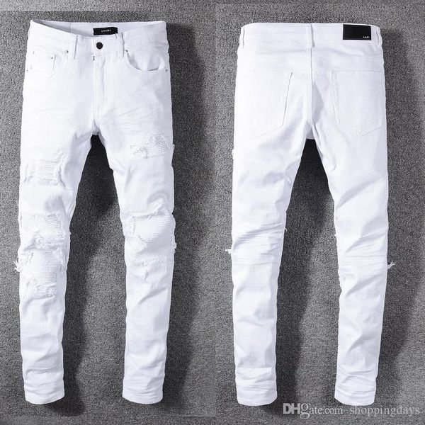 

ami mens designer jeans distressed ripped biker slim fit motorcycle biker denim for men white hip hop, Blue