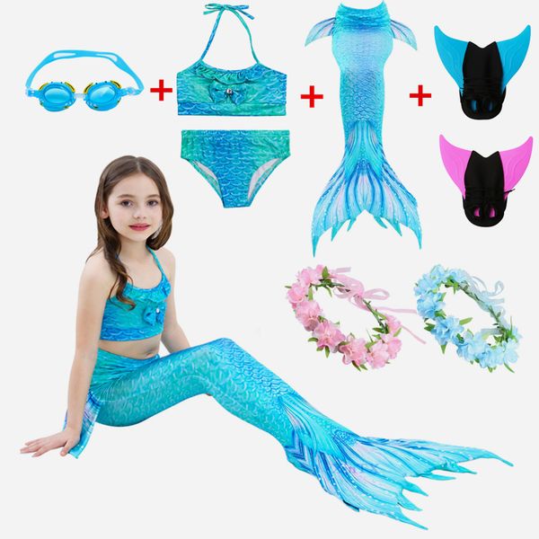 

little mermaid kids swimmable mermaid tail with girls swimming bating bikini suit goggle with garland costume cosplay, Black;red