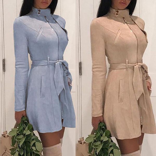 

chic women autumn long sleeve stand collar zipper slim waist belt dress coat, Black