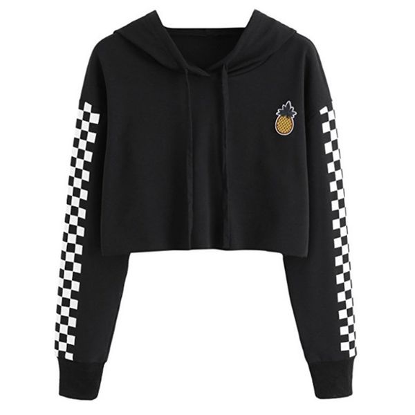 

womens crop sweatshirt pineapple embroidery gingham plaid hoodies pullover, Black