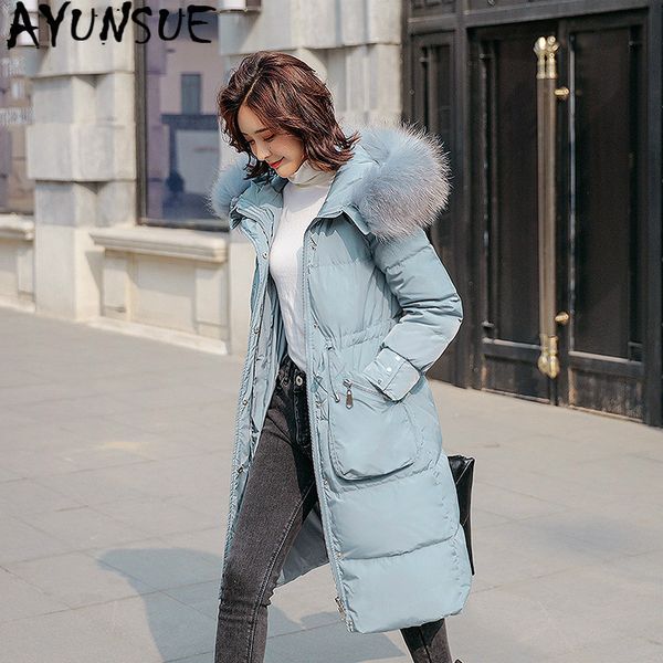 

ayunsue white duck down coat winter coat women big fur collar puffer jacket hooded down jacket casaco kurtka damska 1938 yy1375, Black