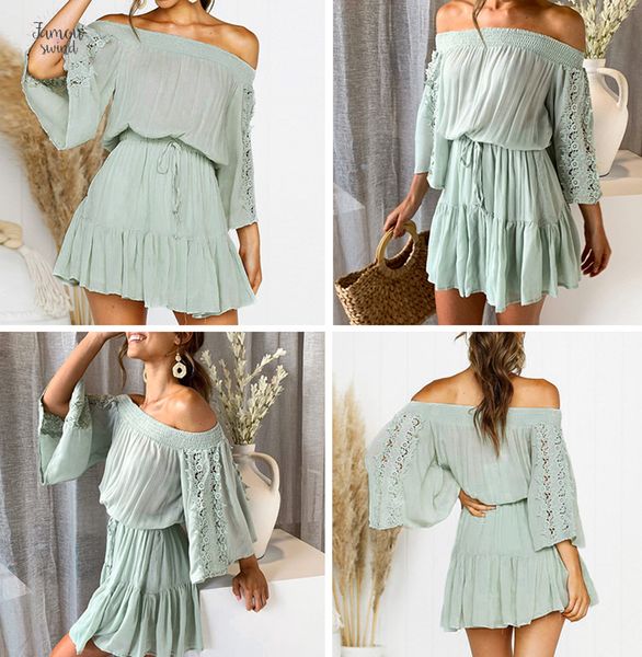 

women mini dresses lace dresses off shoulder pleated flare sleeve embroidery spring dresses summer dress solid vestidos, Black;gray