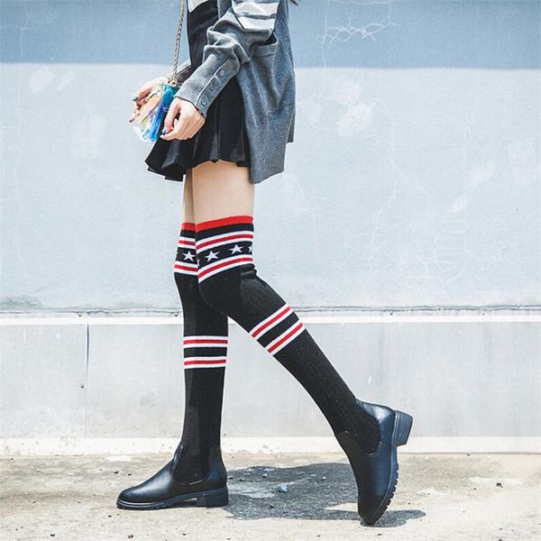 

new leather combination women's round head sleeve over the knee boots slim long tube knitted wool women boots thigh high, Black