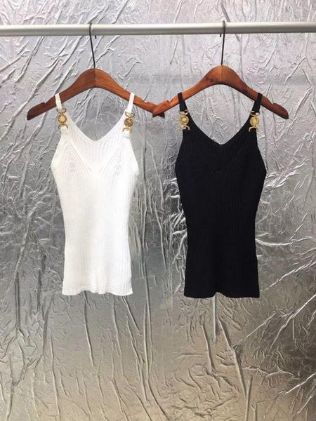 

2020 luxury summer collection sleeveless jersey knitted spaghetti strap v-neck elegant gold accessory top, White