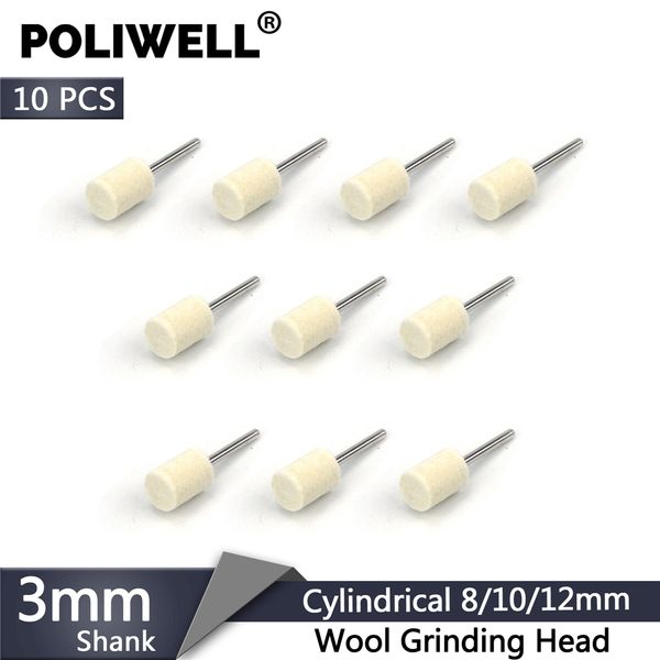 

poliwell 10pcs 8/10/12mm cylindrical grinding head 3mm mounted shank felt polishing buffing wheel rotary power tools accessories
