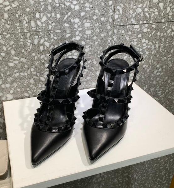 

fashion designer ladies high heels party black rivets girls pointed shoes dance wedding shoes ankle straps sandals women stud sandals