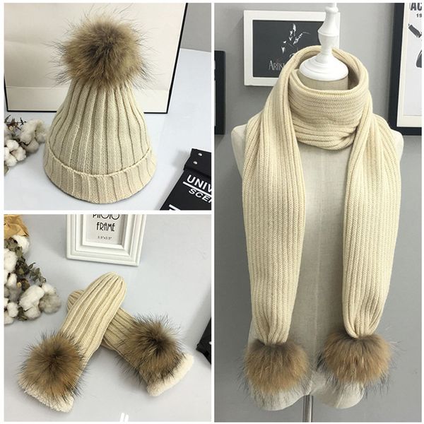 

knit woman winter scarf hat and gloves sets thick warm velvet golves raccoon pom pom fur decoration toucas de inverno feminina, Blue;gray