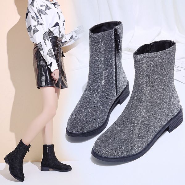 

2019 new solid color ankle boots for women shoes woman crystal bling autumn winter boots zipper thick low heel ladies, Black