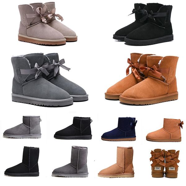 

2020 wgg snow boots australia classic tall half ankle knee designer womens boots chestnut navy balck bow knot leather fur casual shoes, Black