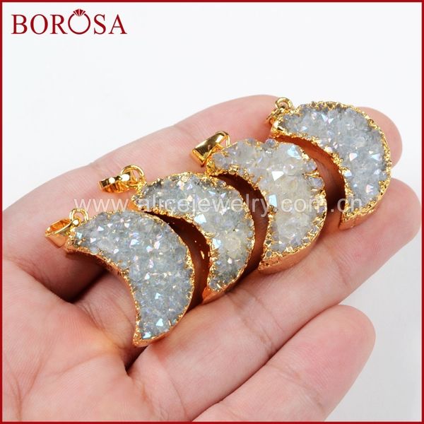 

borosa 10pcs moon natural crystal titanium ab druzy pendants jewelry,electroplated gold gems crystal pendant beads gifts g0388, Silver