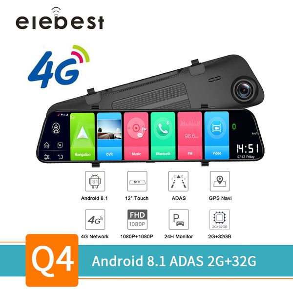 

eledash cam registrar video record for android 8.1 car dvr camera 4g wifi gps adas 12"display rear view mirror rear 1080p