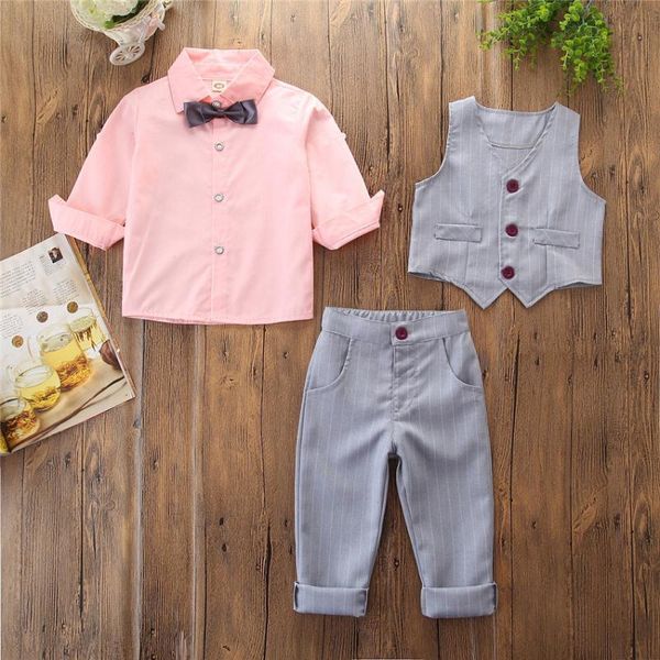

5 sets/lot) children's clothes 2020 boy's clothing set shirt & striped vest & bottom boys' 3 pcs sets 122513, White