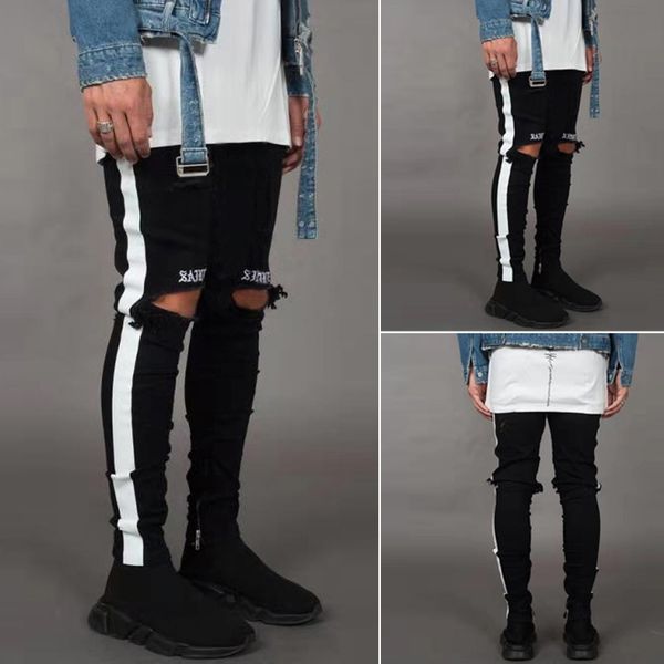 

pants of men 2019 men cothes denim embroidery cotton straight hole pocket trouser distressed pant 3.21, Black
