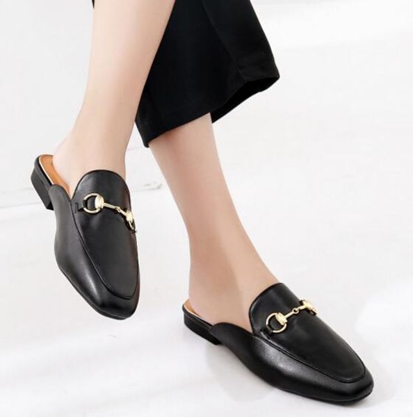 

mules princetown genuine leather bucket flip-flops outside slippers european designer fashion lazy loafers for women pumps, Black