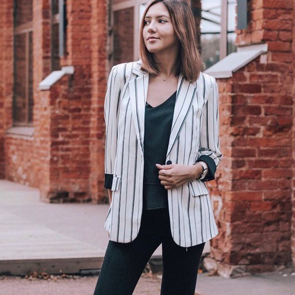 

полосатый blazer осень женский работы куртка vintage высокого качества мода офис леди элегантные пиджаки feminino черный белый, White;black