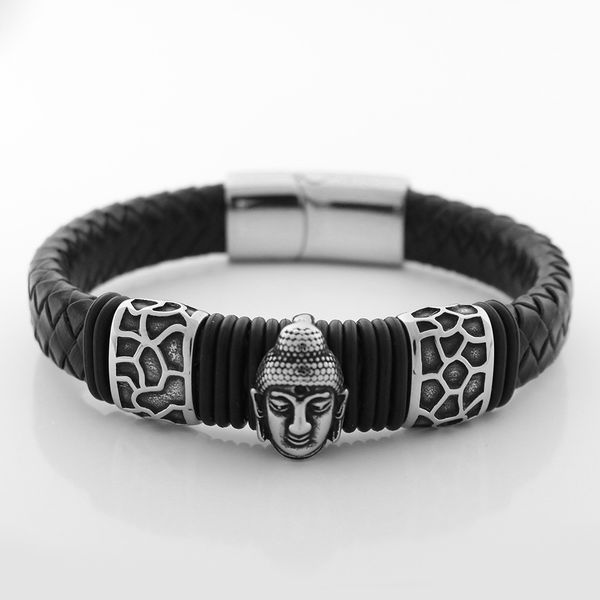 

men wristband 12mm wide retro genuine leather bracelet stainless steel buddha head bead bracelets with magnet clasp, Golden;silver