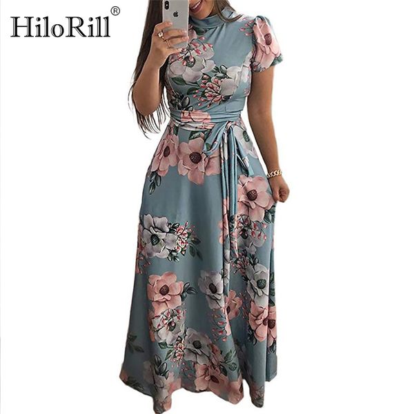 

женщины длинные платья макси 2020 летние цветочные печати boho стиль пляж платье вскользь с коротким рукавом бинты платье партии vestidos пл, Black;gray