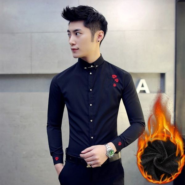 

winter warm shirt men thick long sleeve mens casual shirts all match slim fit social shirt man clothing club tuxedo, White;black