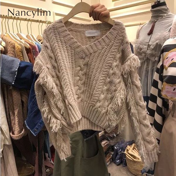 

v-collar sweater pullover women's autumn coat loose korean style students thick thread tassel ribbed sweaters woman classic pull, White;black