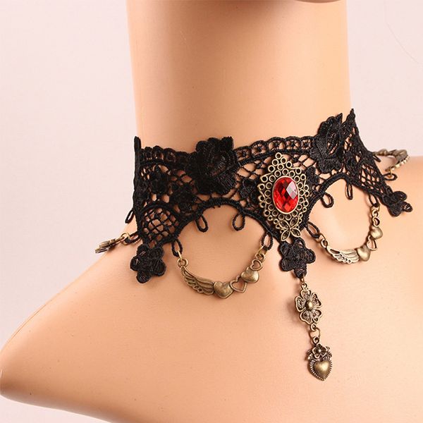 

black vintage lace crystal flower alloy heart pendant women necklace elegant punk gothic chocker victoria torques party jewelry, Golden;silver